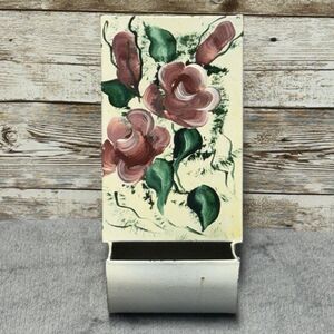 Vintage Metal Matchbox Holder J - Shaped White with Flowers